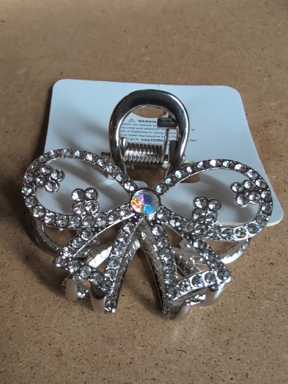 Rhinestone Bow Hair Claw Clip - Silver
